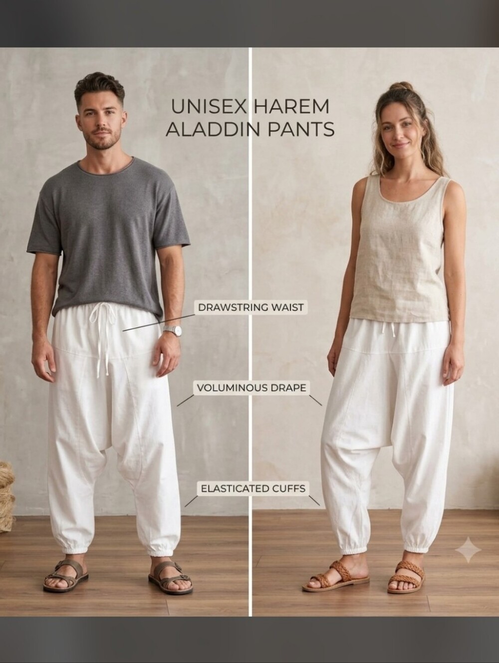 Harem Dropped Crotch White Aladdin Pant Unisex Size Small Hippie Boho Relaxe Fit